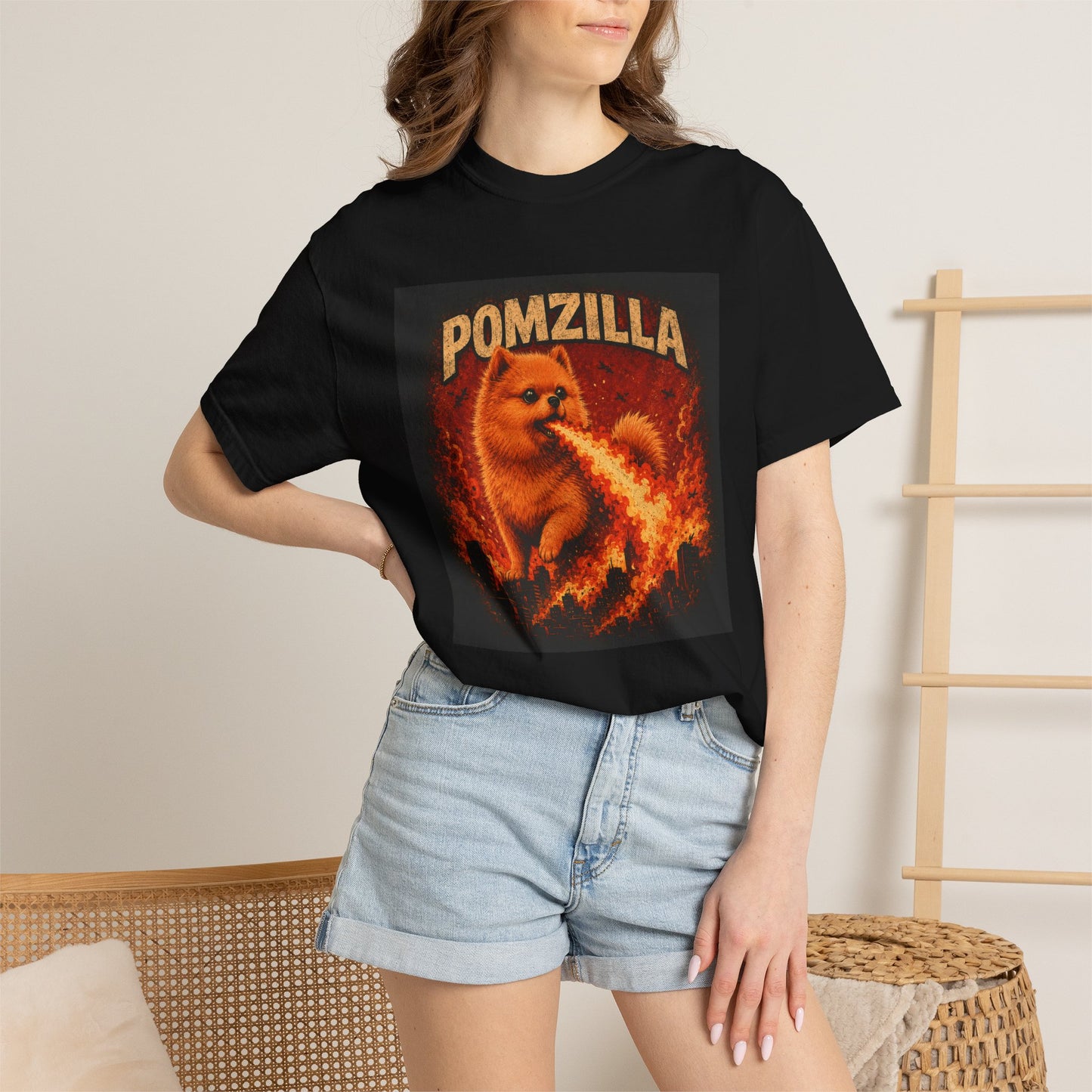Pomzilla Funny Pomeranian Monster T-Shirt | Retro Kaiju Dog Graphic Tee | Vintage Fire-Breathing Pom Shirt