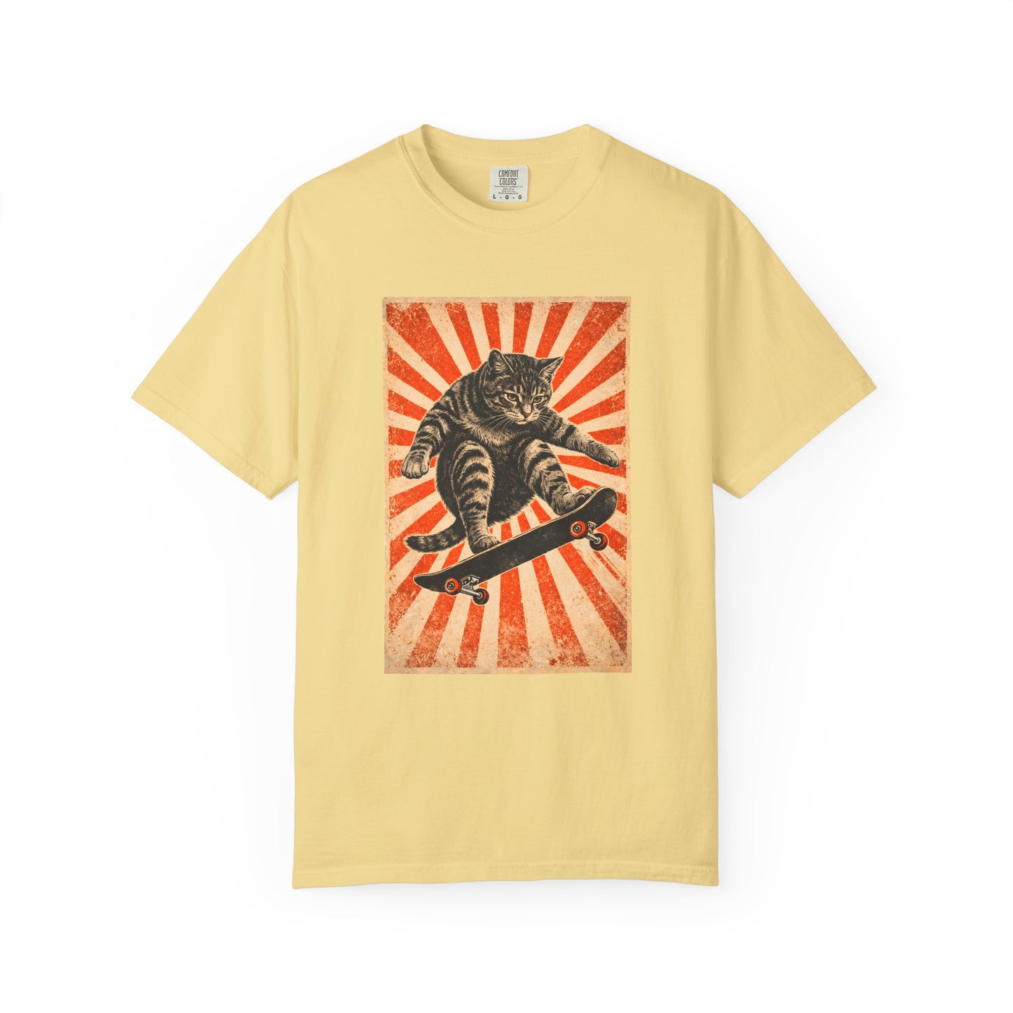 Skateboarding Cat Graphic T-Shirt | Retro Sunburst Skateboard Tee
