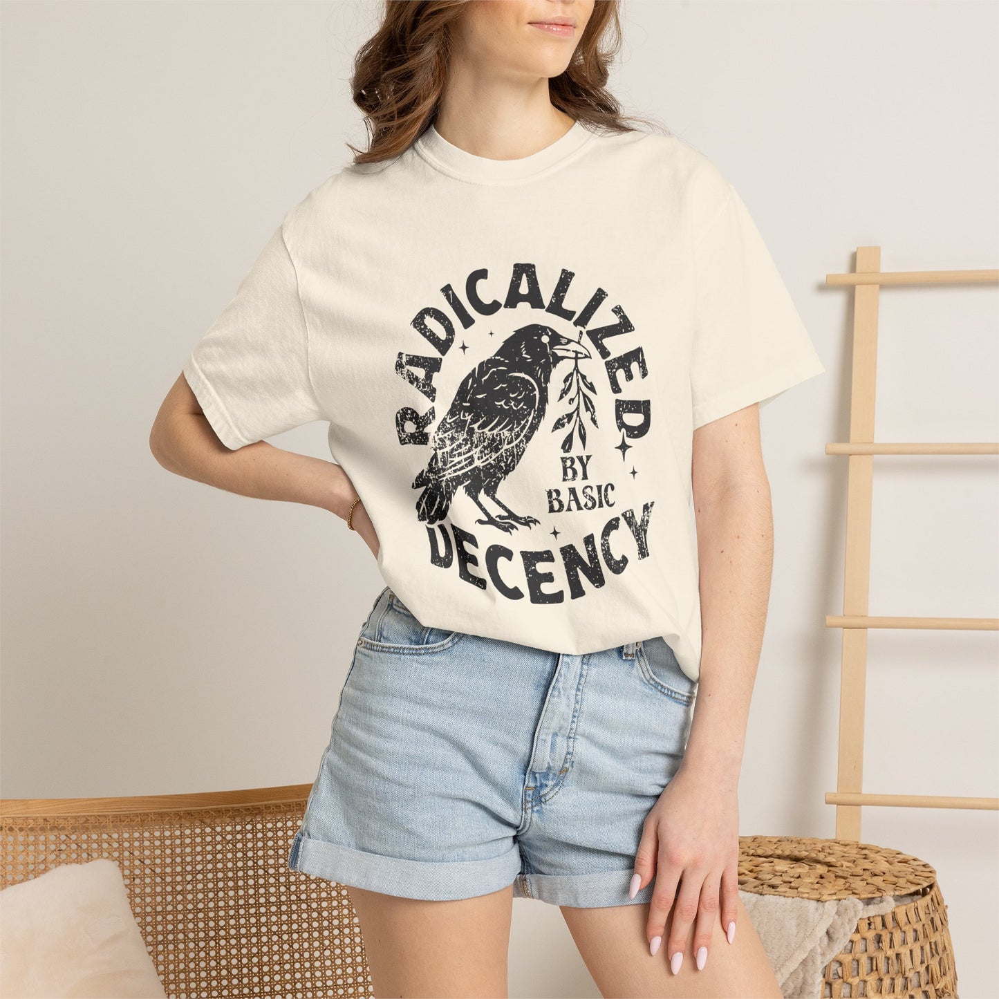 Radicalized by Basic Decency T-Shirt — Vintage Raven Distressed Graphic Tee