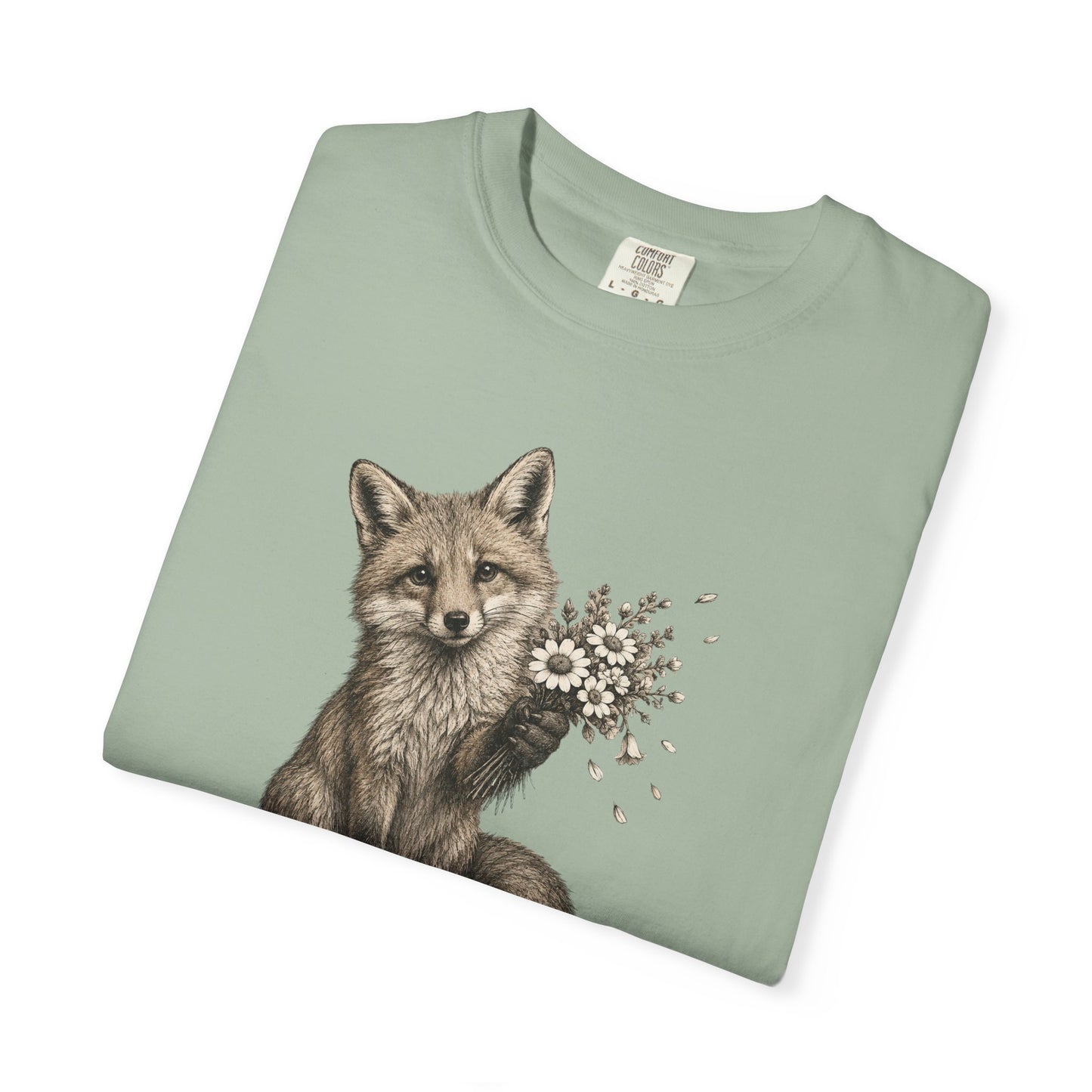 Cute Fox Holding Wildflower Bouquet T-Shirt — Gift, Nature Lover Tee, Woodland Animal Graphic Tee