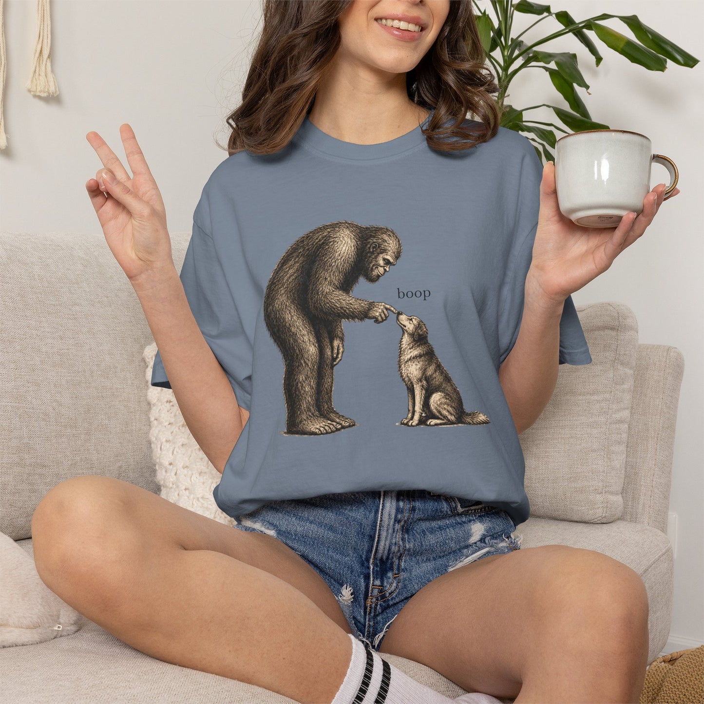 Bigfoot Booping Dog T-Shirt — Funny Sasquatch Tee for Dog Lovers
