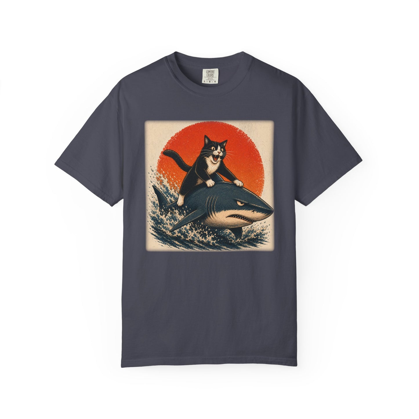 Retro Distressed Cat Riding Shark T-Shirt — Vintage Joyful Cat Surf Design