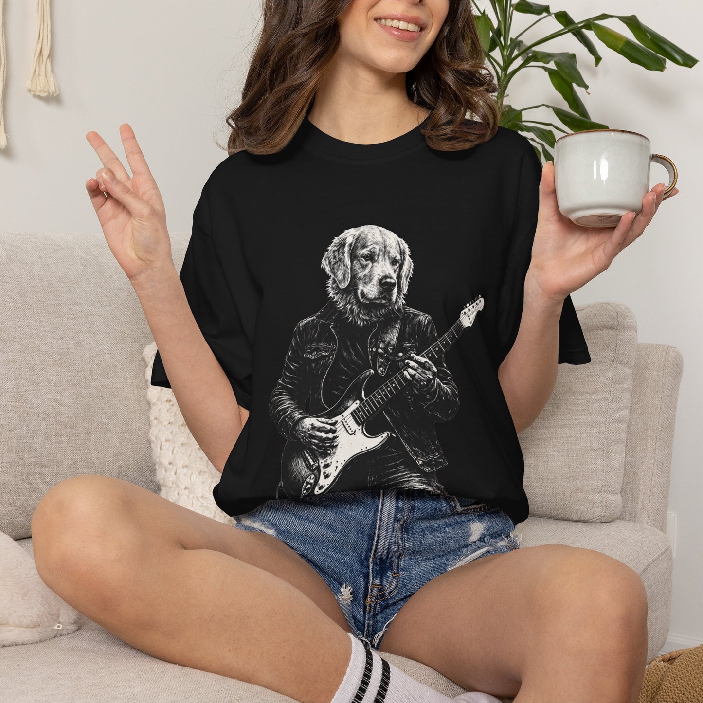 Golden Retriever Guitar Tee — Golden Playing Electric Guitar Design