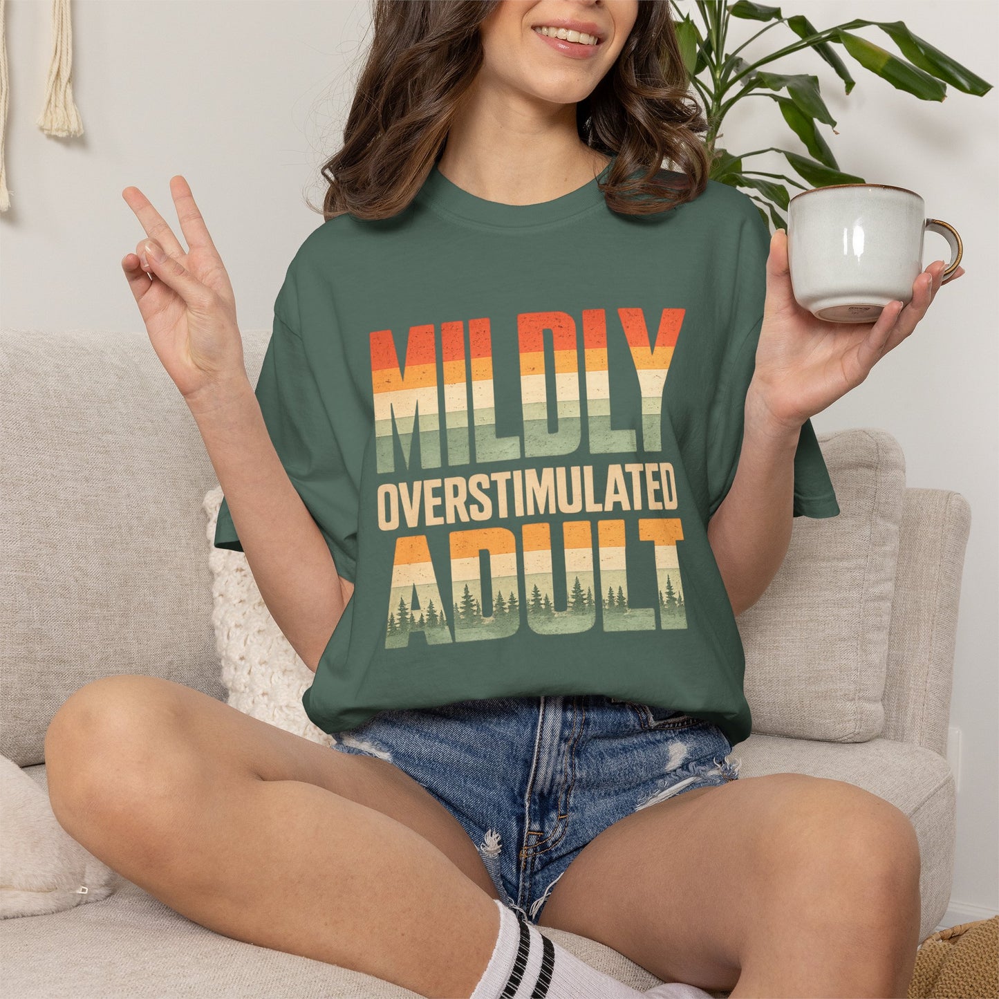 Mildly Overstimulated Adult T-Shirt — Retro Sunset Forest Design