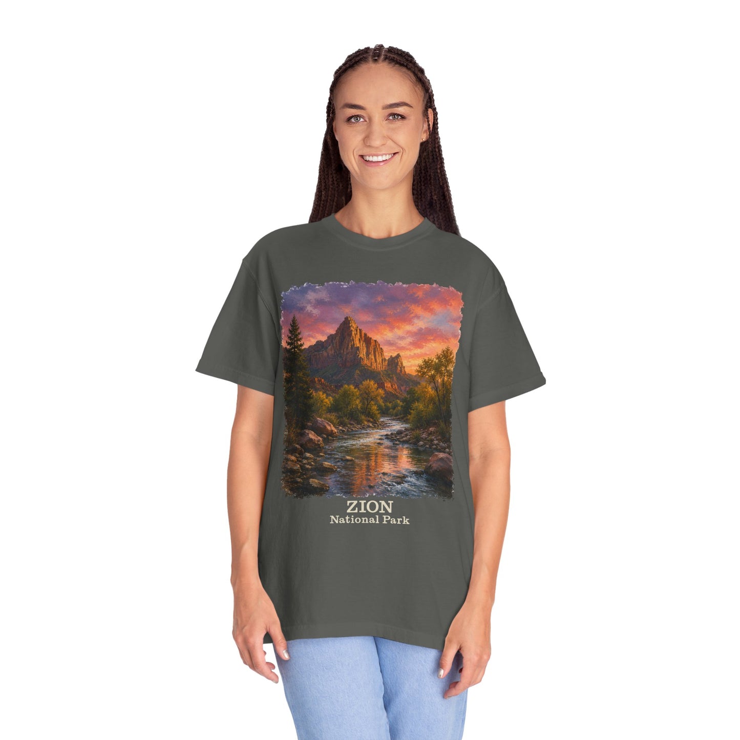 Zion National Park Scenic T-Shirt — Sunset Mountain River The Watchman Graphic Tee
