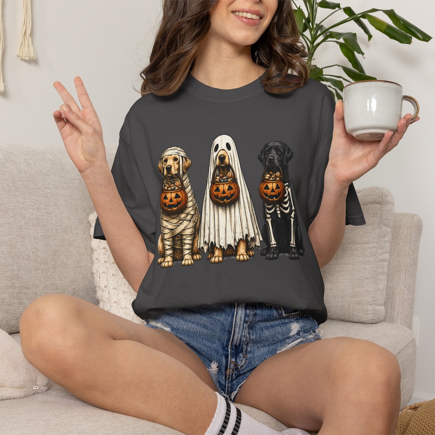 Halloween Dogs T-Shirt — Puppies in Costumes with Jack-O'-Lantern Candy Buckets