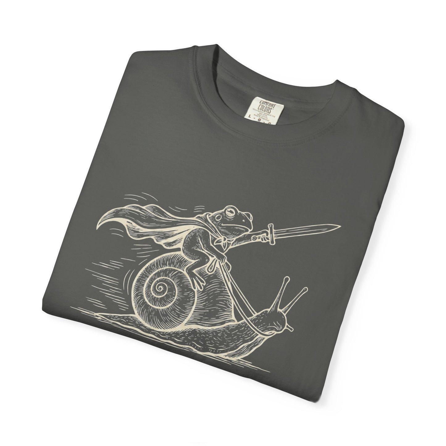 Frog Knight Riding Snail T-Shirt — "OFF TO GET SNACKS"