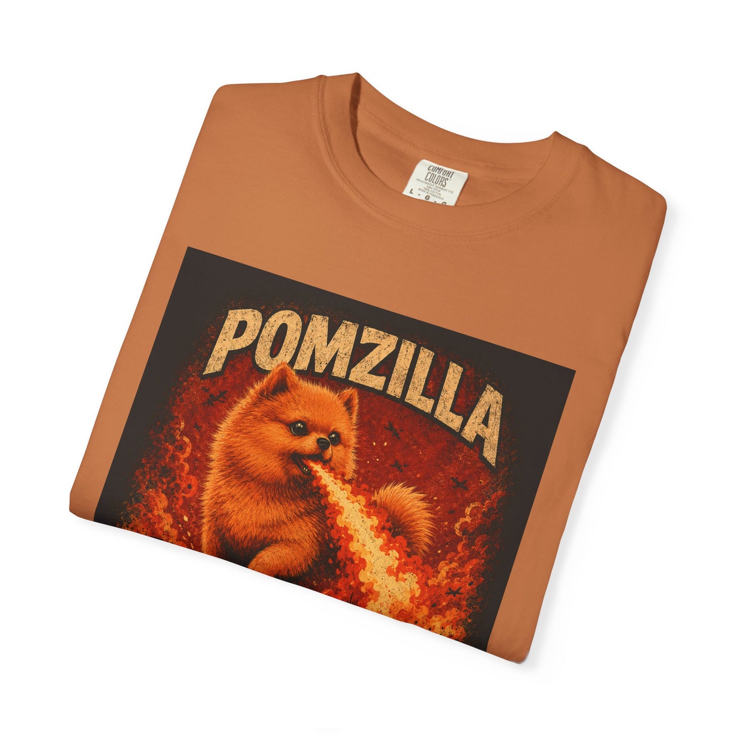 Pomzilla Funny Pomeranian Monster T-Shirt | Retro Kaiju Dog Graphic Tee | Vintage Fire-Breathing Pom Shirt