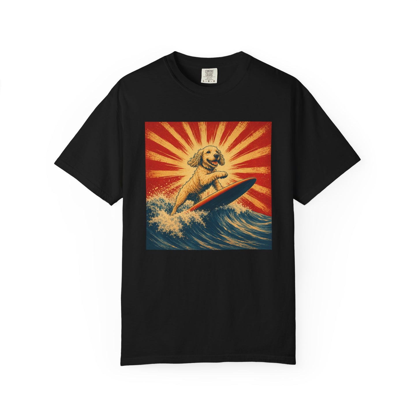 Retro Surfing Doodle Dog T-Shirt | Vintage Beach Dog Graphic Tee | Funny Coastal Summer Shirt