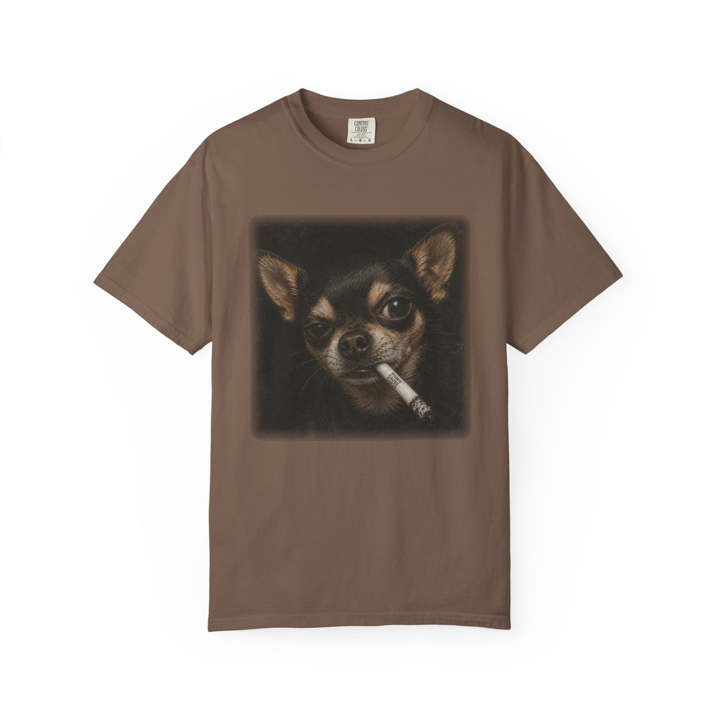 Tough Side-Eye Chihuahua T-Shirt — Distressed Photo Realistic ’Paws Cause Cancer’ Design