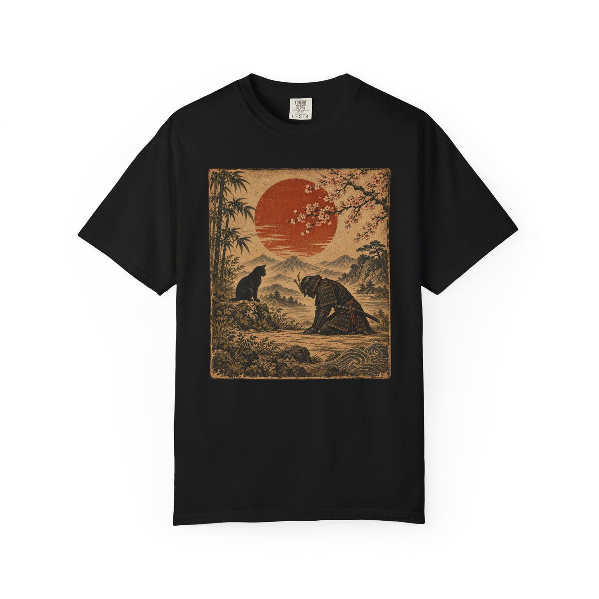 Vintage Japanese-Inspired Samurai & Black Cat Shirt Graphic Tee