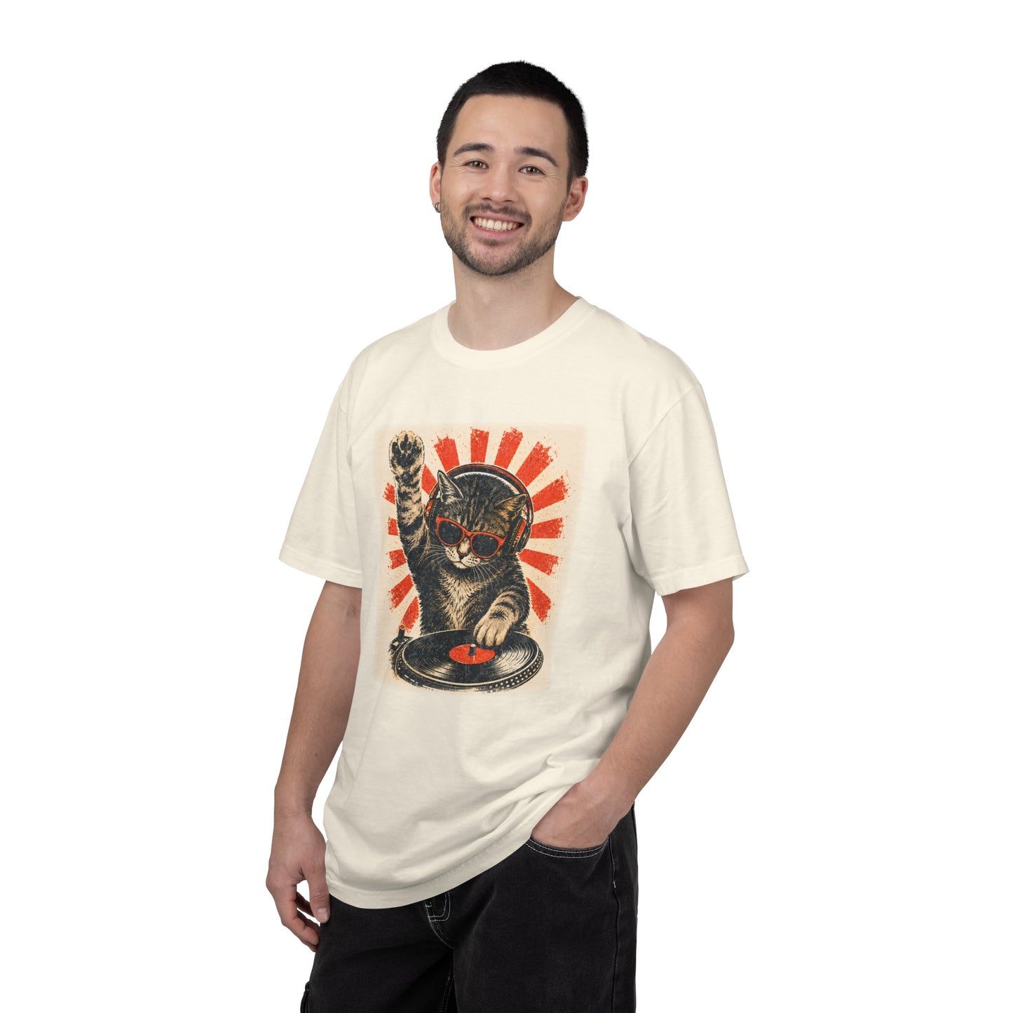 Retro DJ Cat T-Shirt — Vintage Sunburst Distressed Poster Design