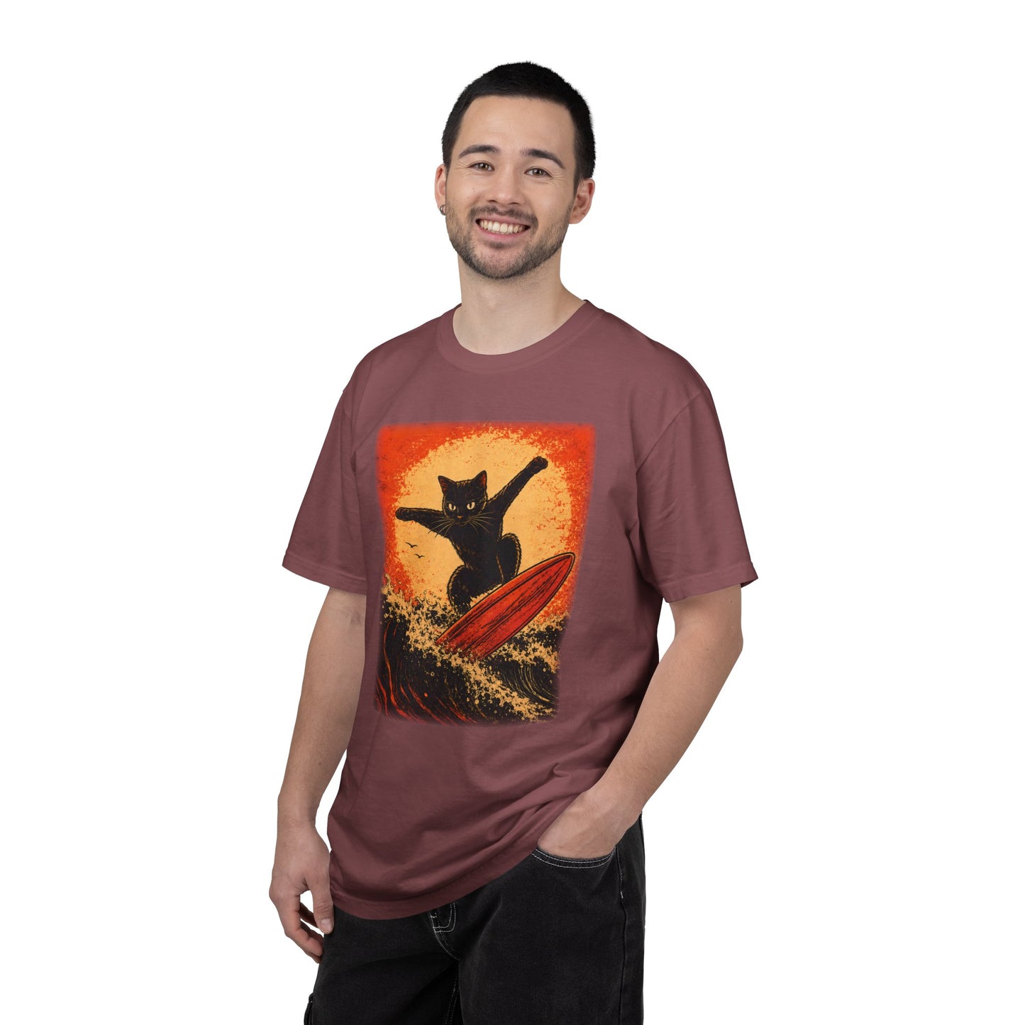Retro Black Cat Surfing T-Shirt — Vintage Surf Poster Tee