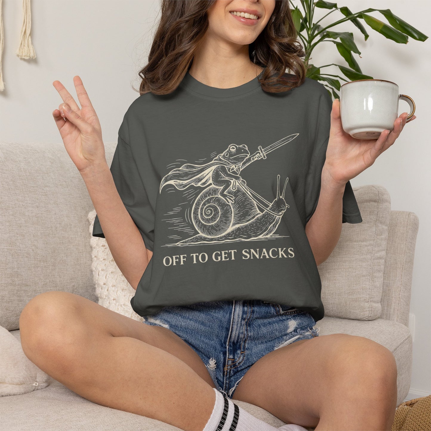 Frog Knight Riding Snail T-Shirt — "OFF TO GET SNACKS"