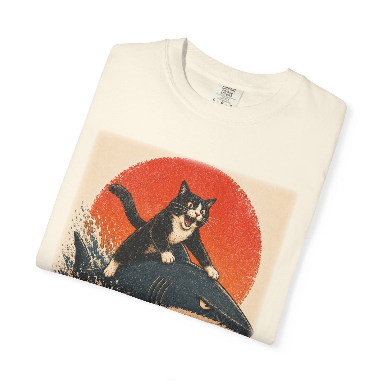 Retro Distressed Cat Riding Shark T-Shirt — Vintage Joyful Cat Surf Design