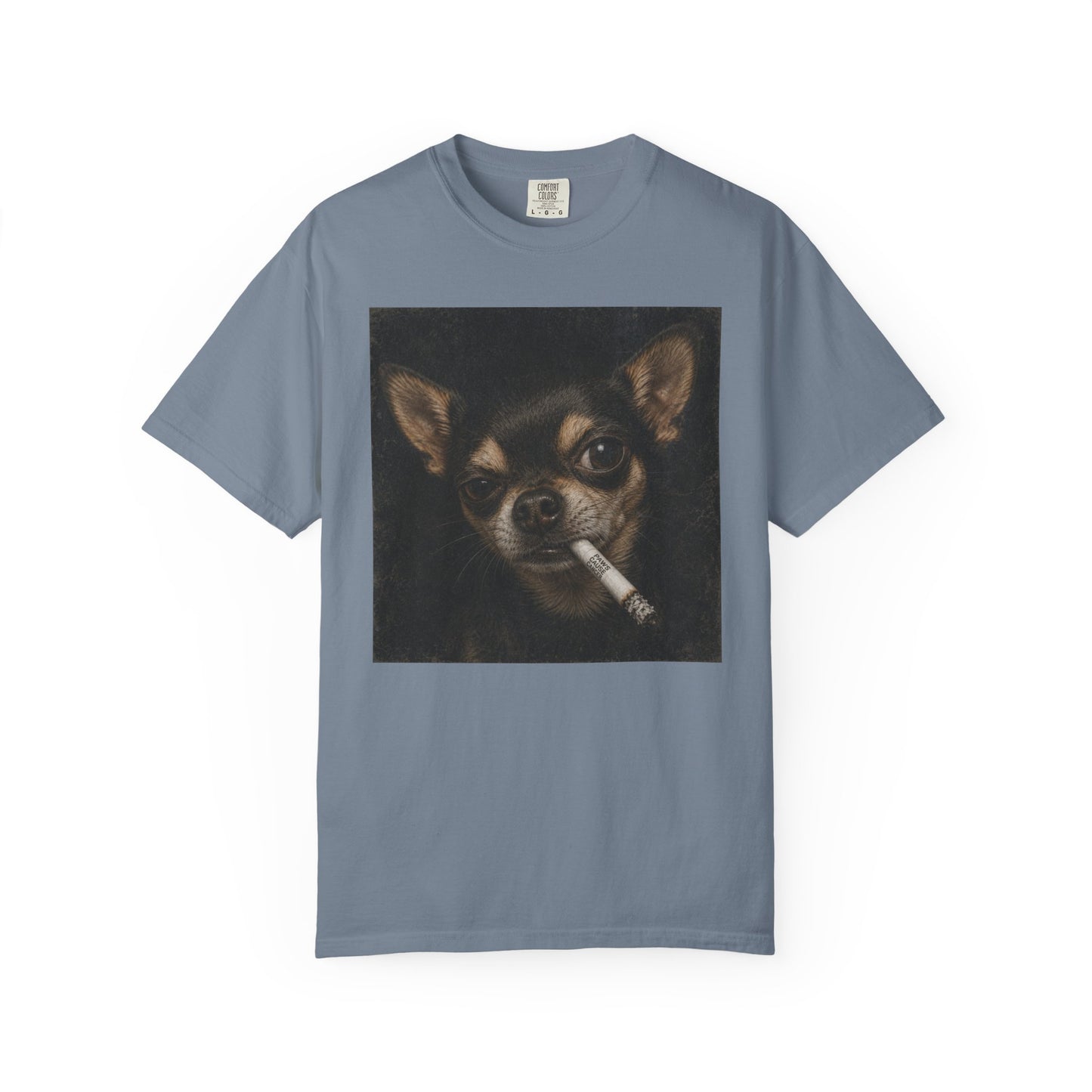 Tough Side-Eye Chihuahua T-Shirt — Distressed Photo Realistic ’Paws Cause Cancer’ Design
