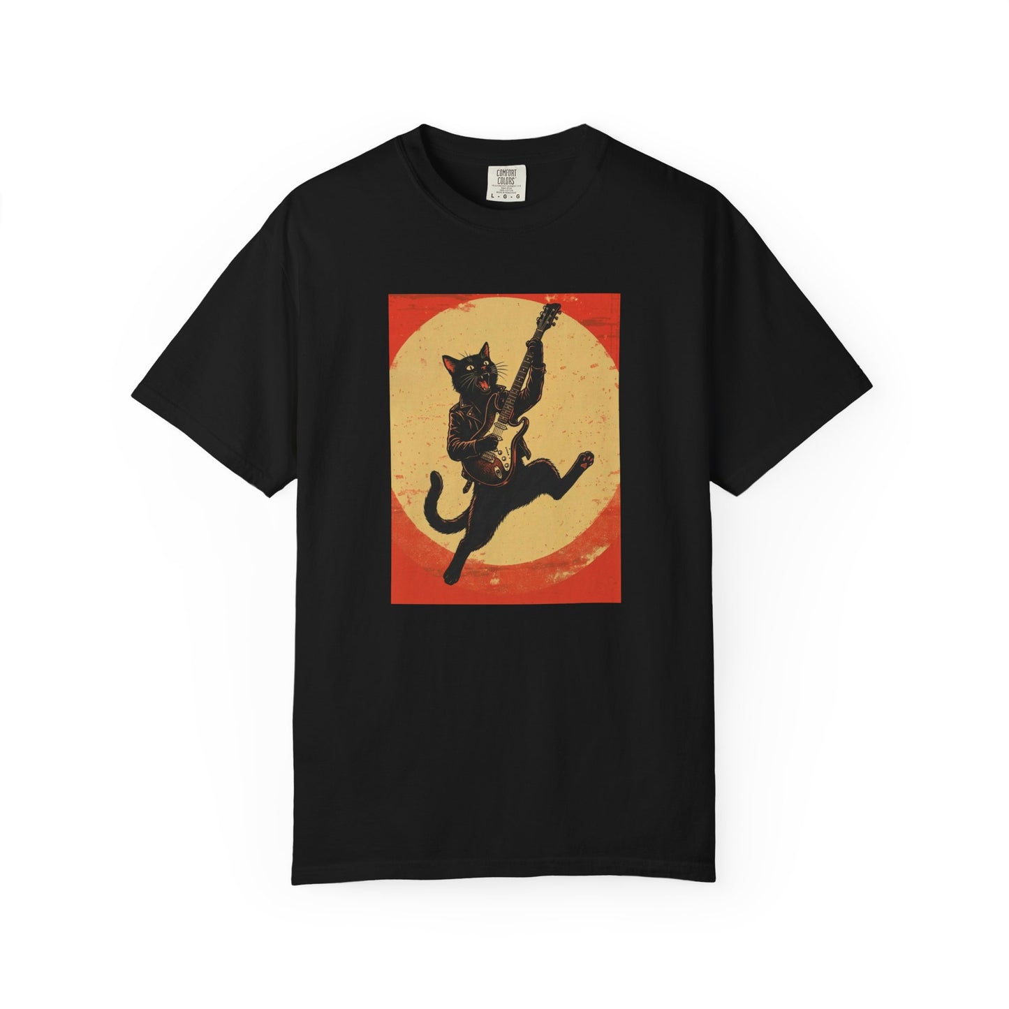 Retro Distressed Black Cat Rocker T-Shirt — Jumping Guitar Vintage Tee