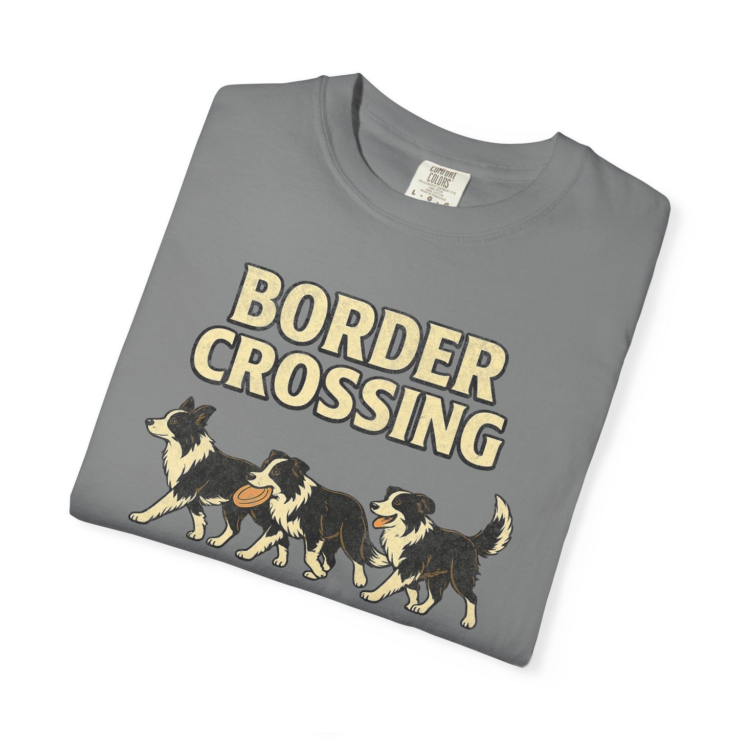 Vintage Graphic Border Collie 'Border Crossing' T-Shirt, Funny Gift for Border Collie and Dog Lovers