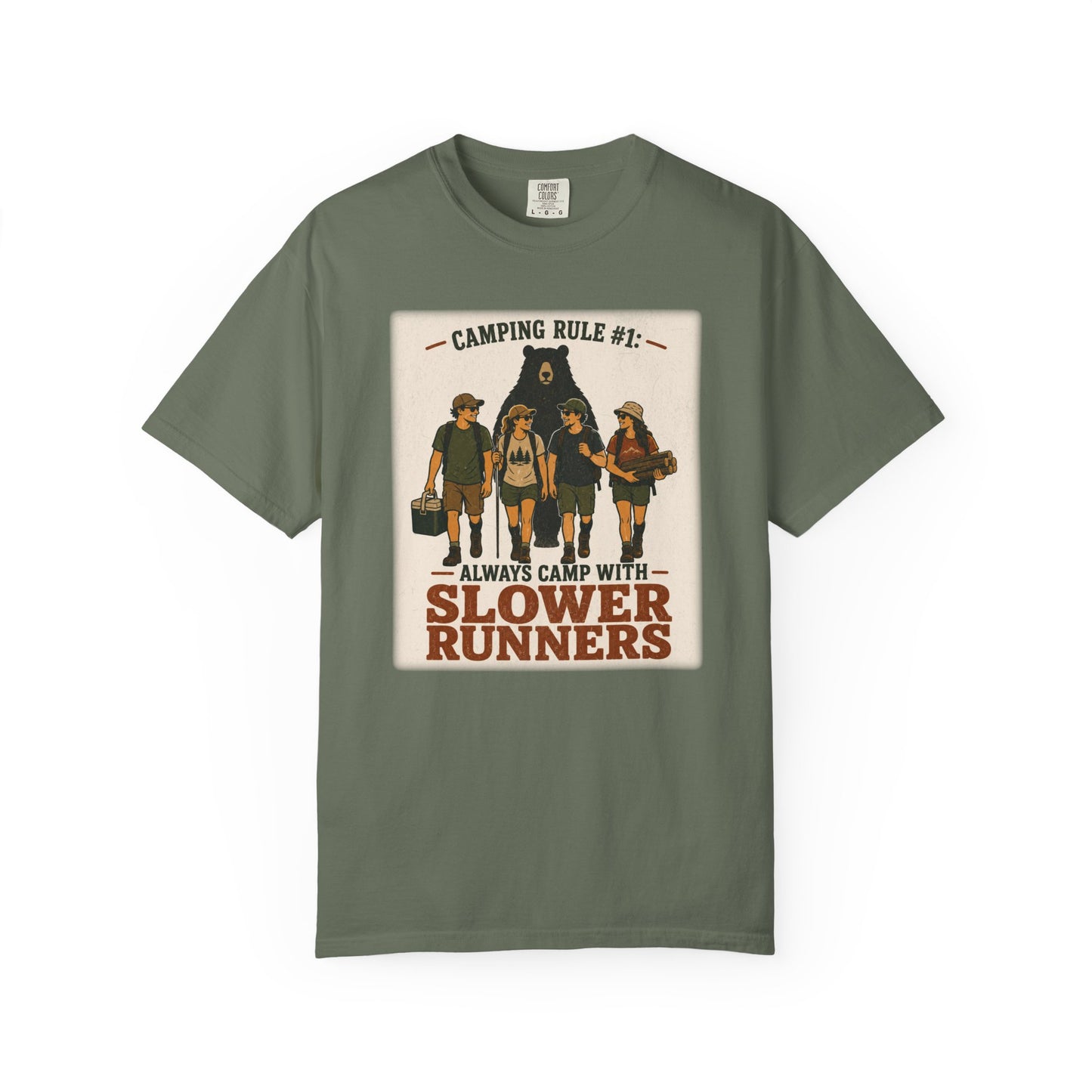 Camping Rule T-Shirt — “Always Camp with Slower Runners” Vintage Outdoor Tee