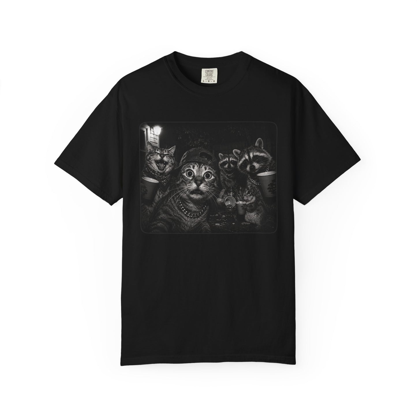 Backyard Midnight Party T-Shirt — Raccoons, Cats & Squirrels Porch Party Design