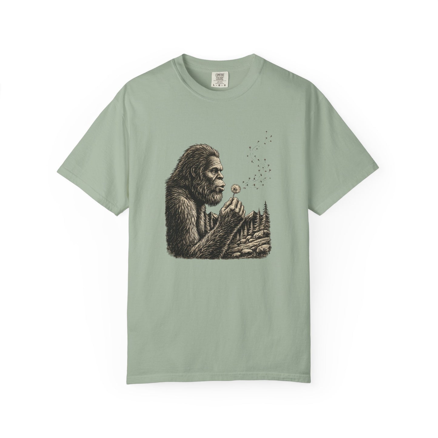 Bigfoot Blowing Dandelion Wish T-Shirt — Sasquatch Hiking Camper Tee