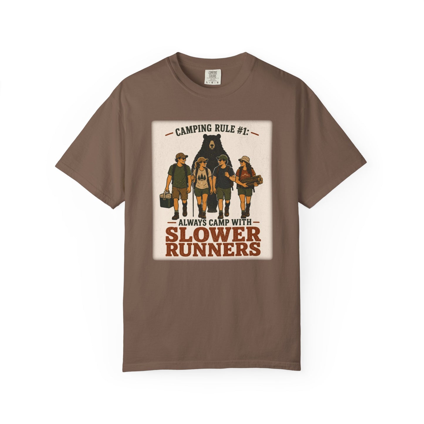 Camping Rule T-Shirt — “Always Camp with Slower Runners” Vintage Outdoor Tee