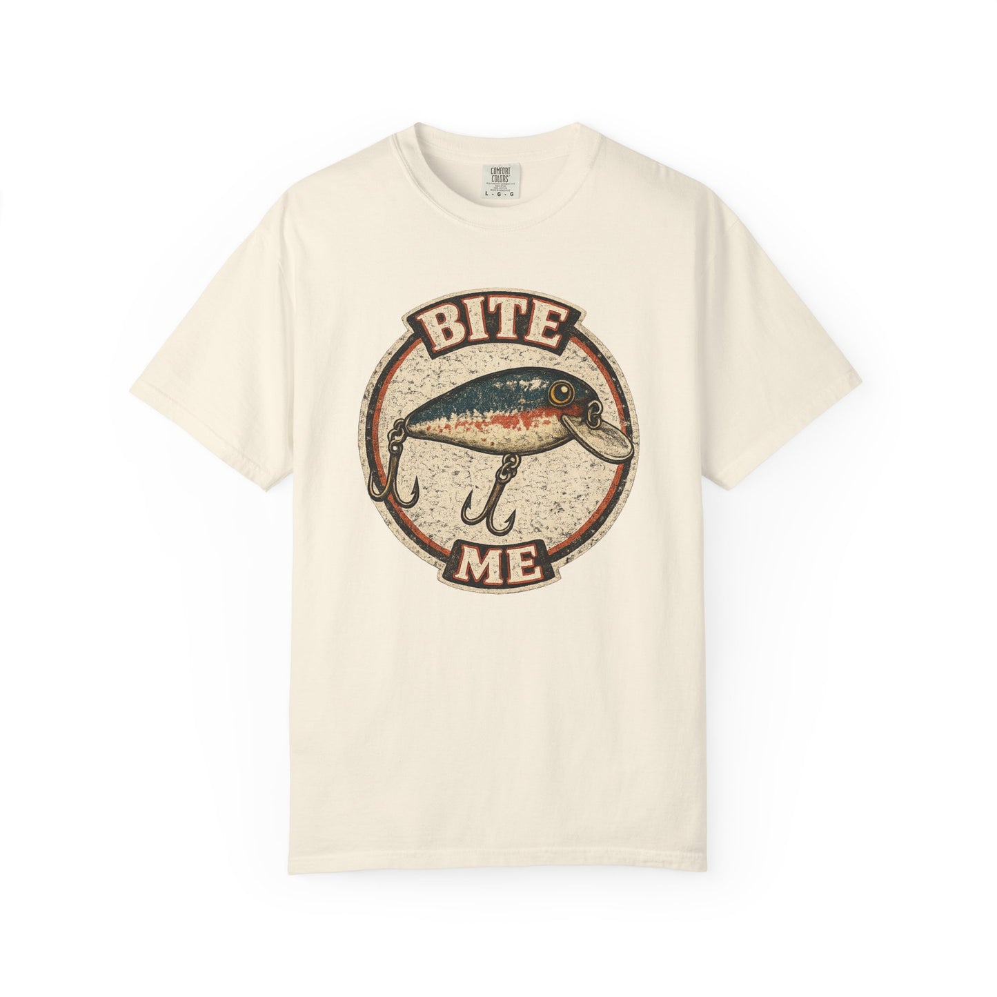 Vintage "Bite Me" Fishing Lure Badge T-Shirt