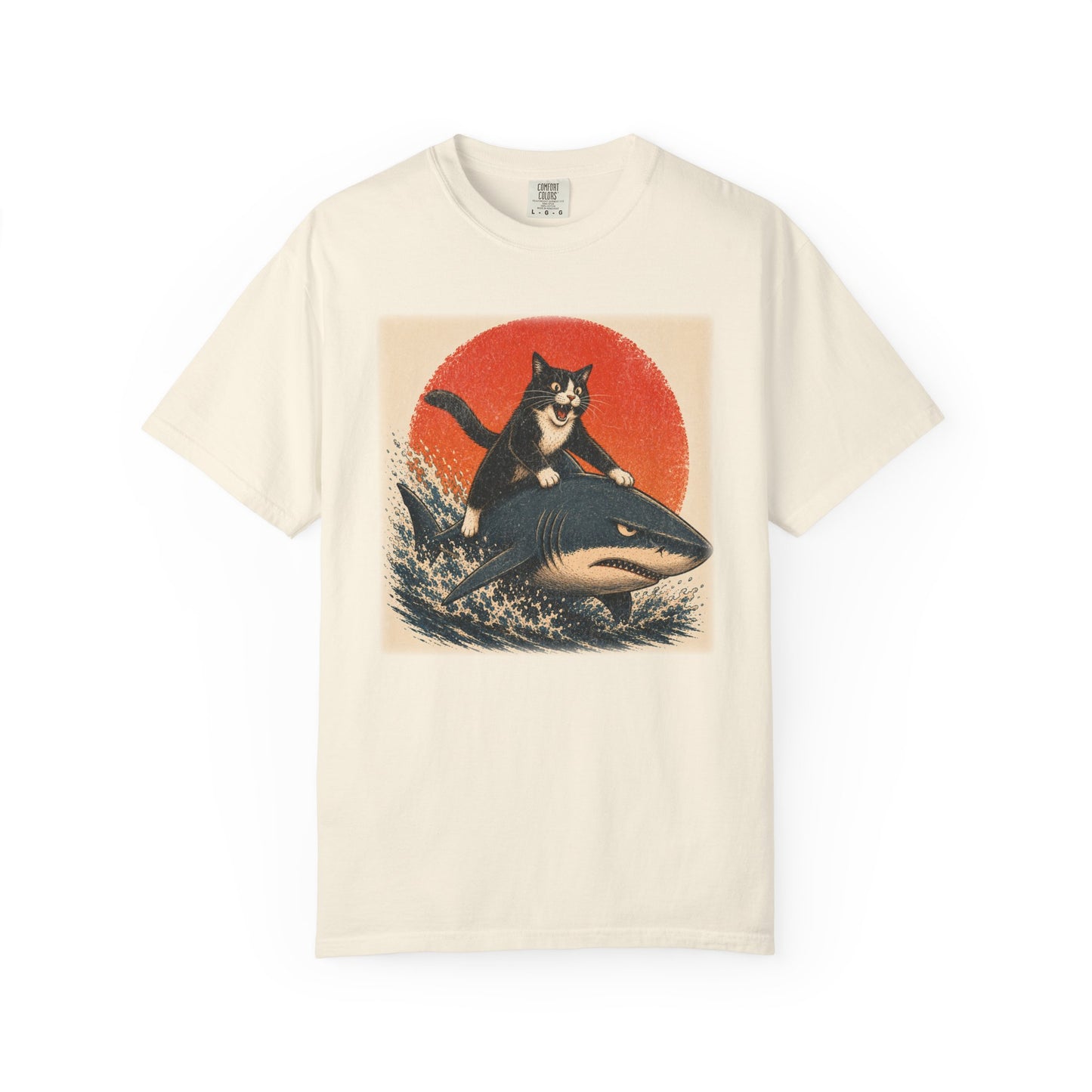 Retro Distressed Cat Riding Shark T-Shirt — Vintage Joyful Cat Surf Design