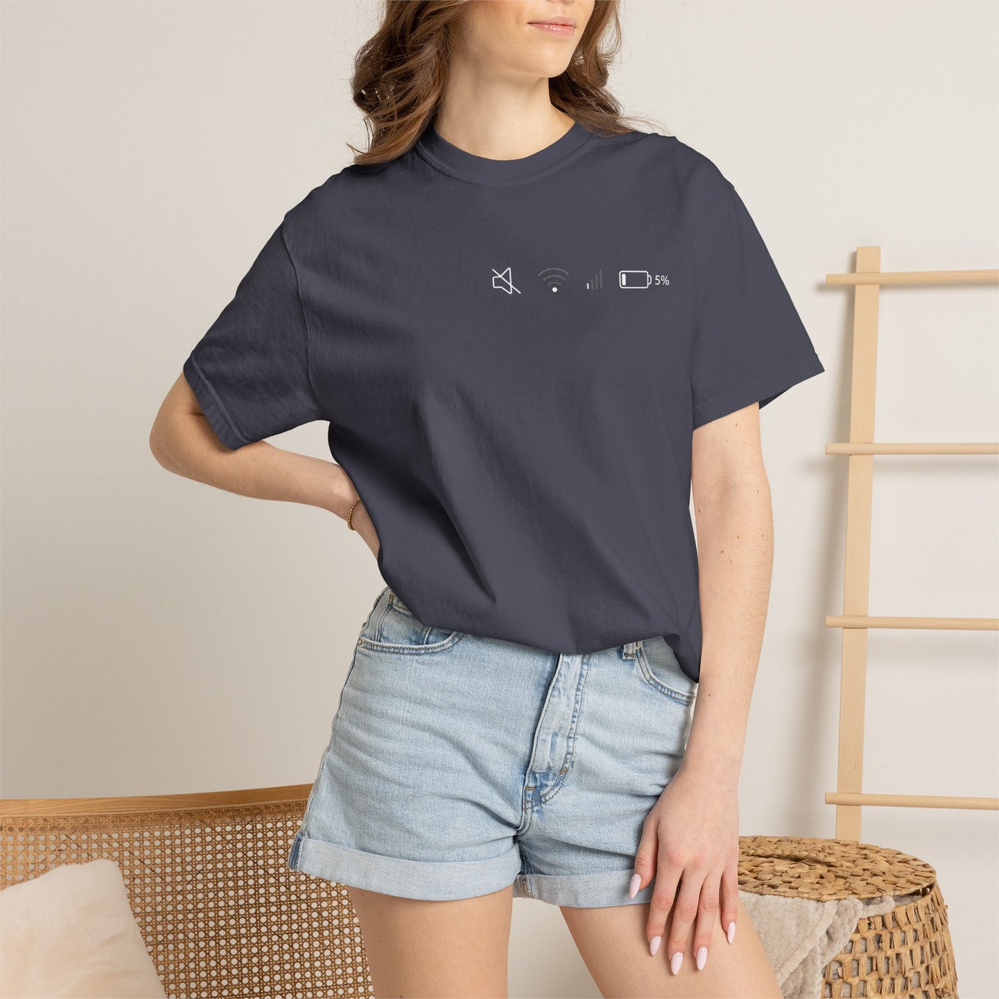 Low Battery • Muted • Low Wi‑Fi T-Shirt — Tech Life Indicator
