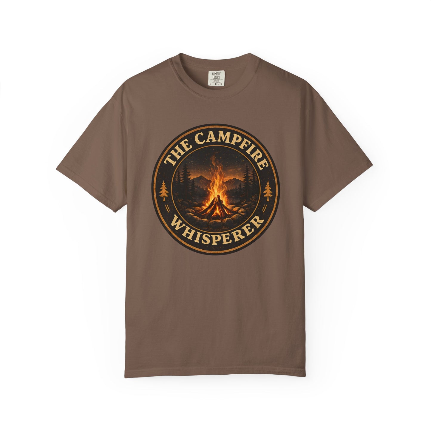 Campfire Whisperer T-Shirt — Retro Outdoor Camping Badge Tee