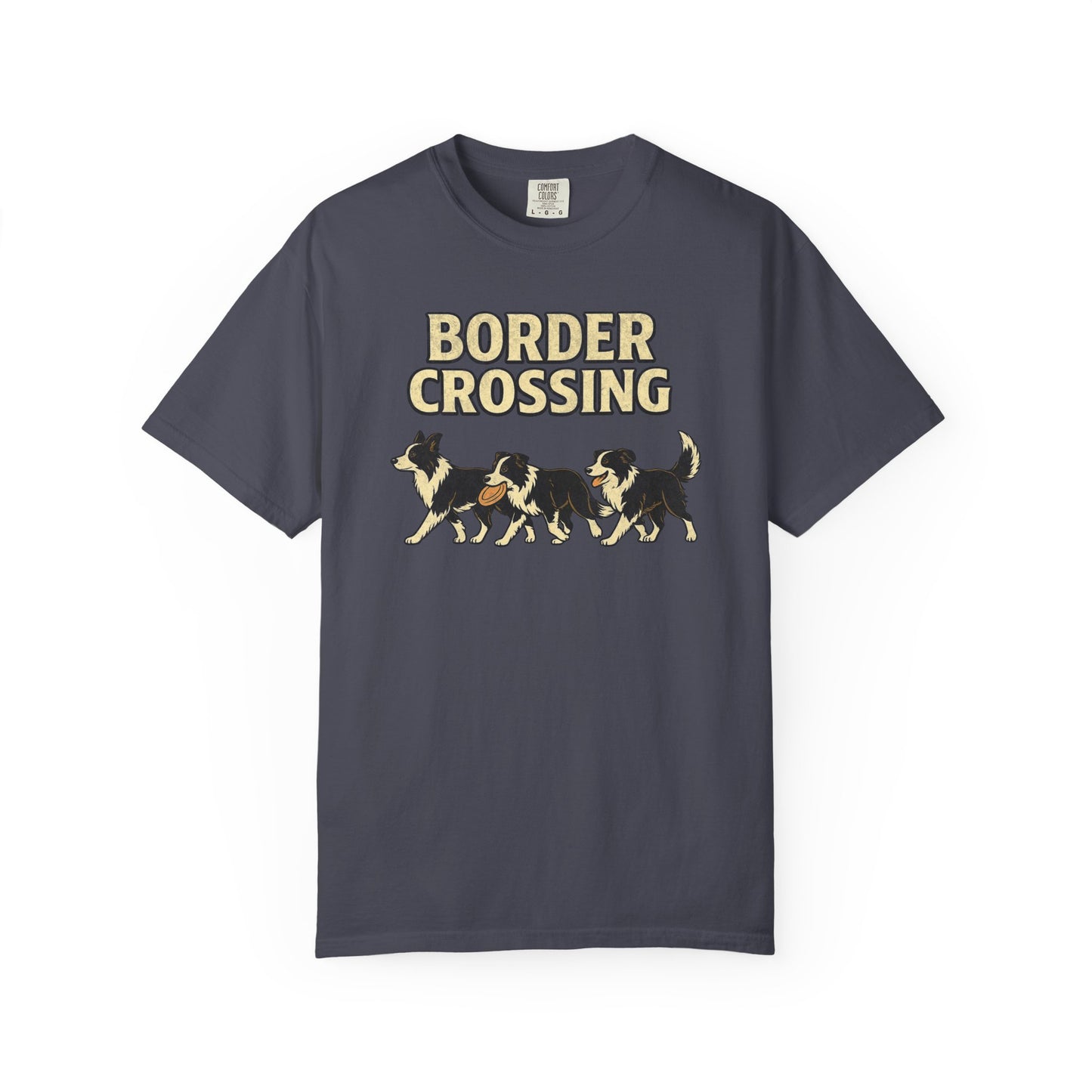 Vintage Graphic Border Collie 'Border Crossing' T-Shirt, Funny Gift for Border Collie and Dog Lovers