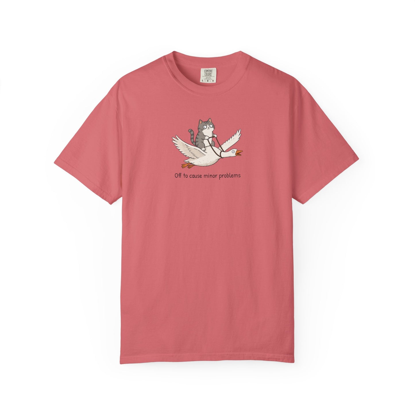Off to Cause Minor Problems Shirt | Funny Cat Riding Goose Graphic Tee | Cute Comfort Colors® T-Shirt