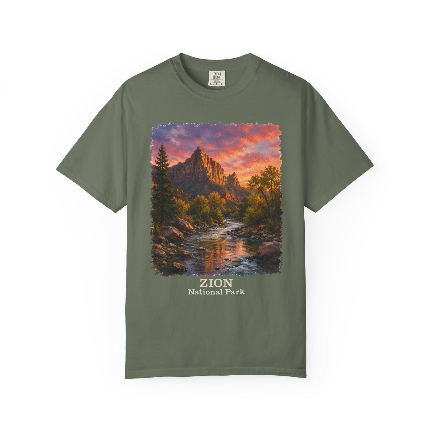 Zion National Park Scenic T-Shirt — Sunset Mountain River The Watchman Graphic Tee