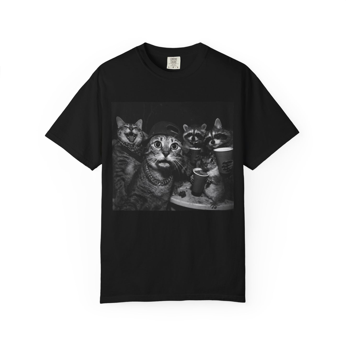 Backyard Wildlife Party T-Shirt — Funny Raccoon, Cat & Squirrel Caught in the Act