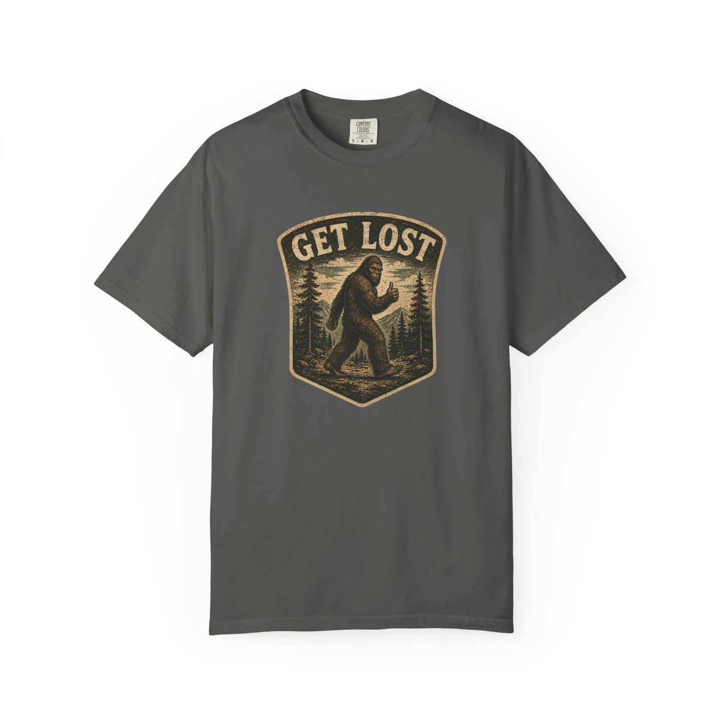 GET LOST Bigfoot Vintage Badge T-shirt — Retro Camping & Hiking Tee