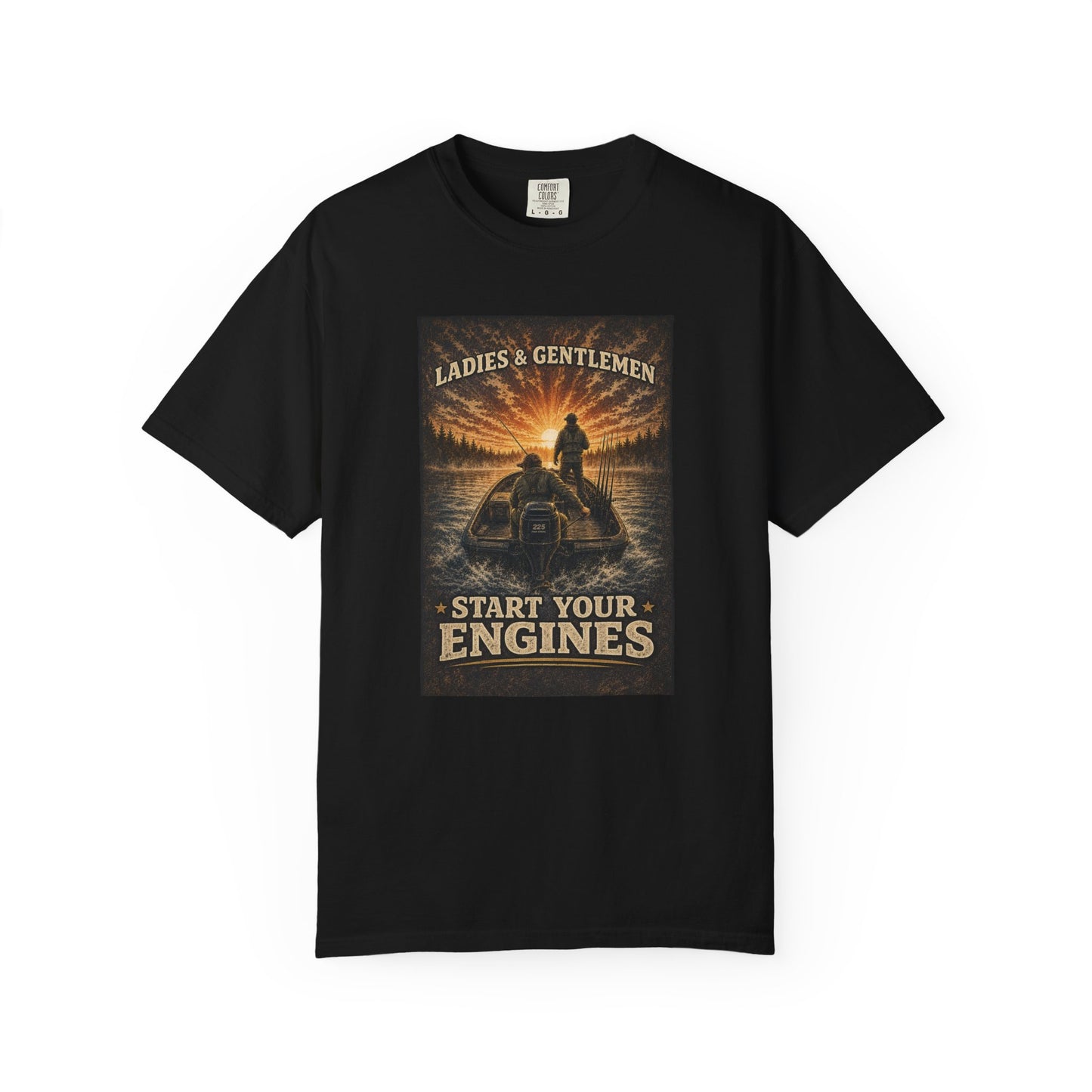 Fishing T-Shirt — "Ladies and Gentlemen, Start Your Engines" Retro Racing Boat Design