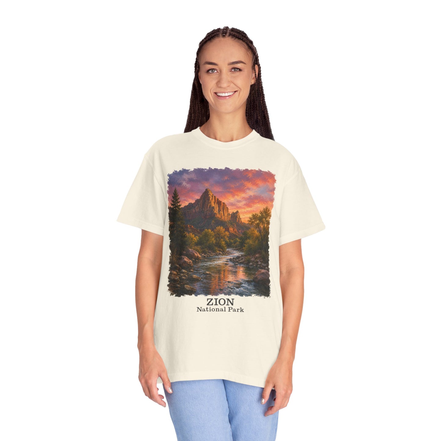 Zion National Park Scenic T-Shirt — Sunset Mountain River The Watchman Graphic Tee