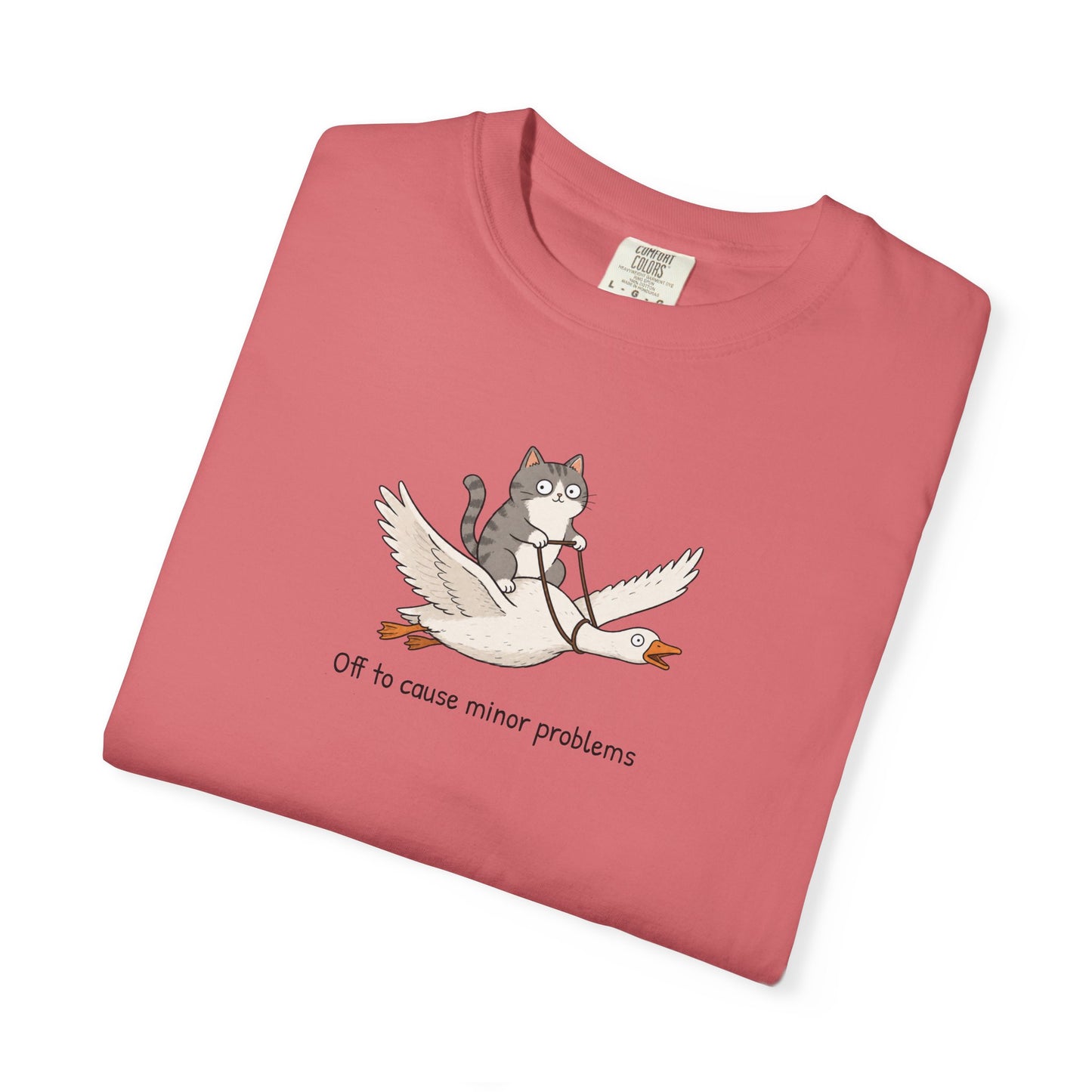Off to Cause Minor Problems Shirt | Funny Cat Riding Goose Graphic Tee | Cute Comfort Colors® T-Shirt