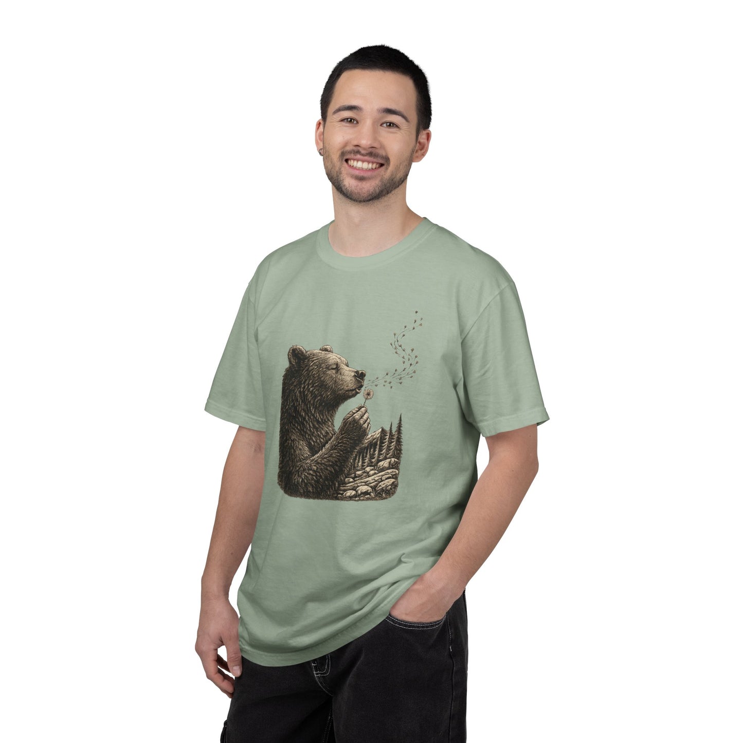 Bear Blowing Dandelion T-Shirt — Outdoor Enthusiast Woodland Nature Graphic Tee