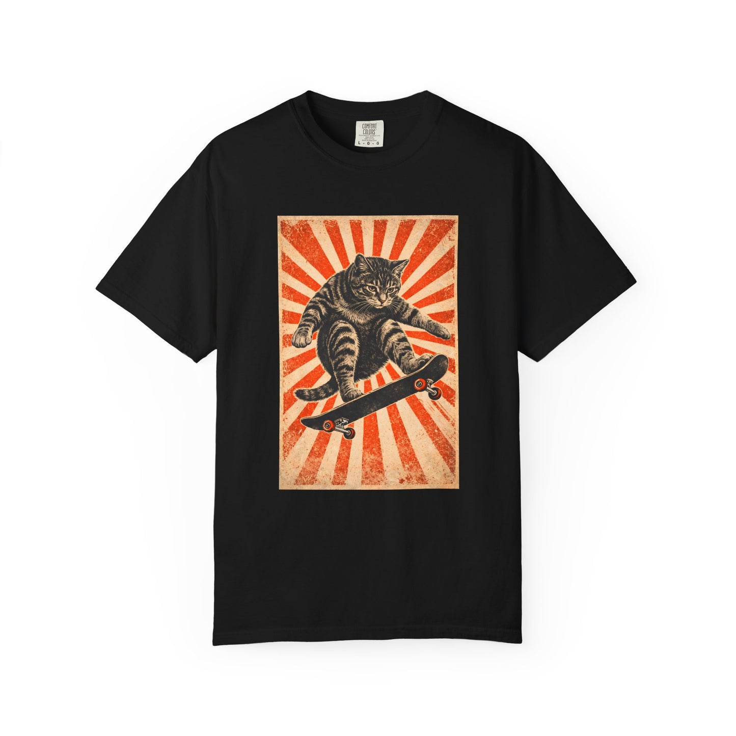 Skateboarding Cat Graphic T-Shirt | Retro Sunburst Skateboard Tee