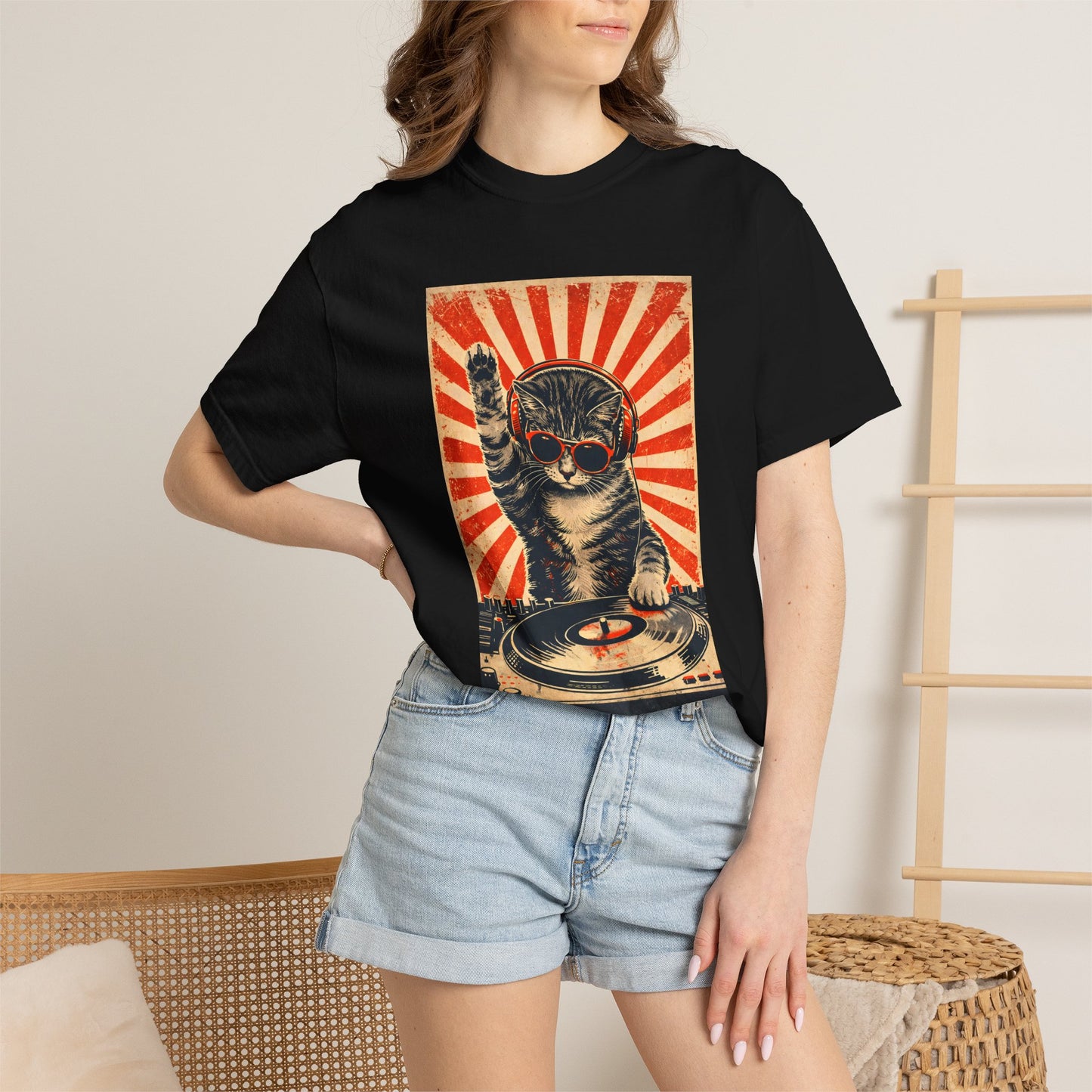 Retro DJ Cat T-Shirt — Vintage Sunburst Distressed Poster Design