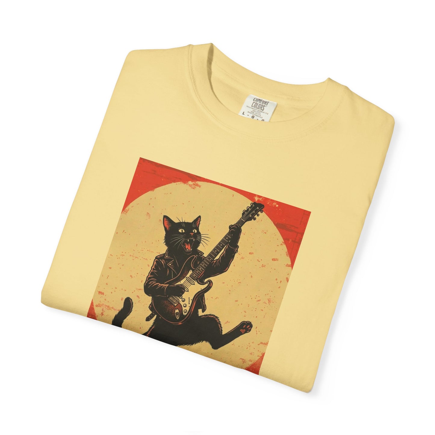 Retro Distressed Black Cat Rocker T-Shirt — Jumping Guitar Vintage Tee
