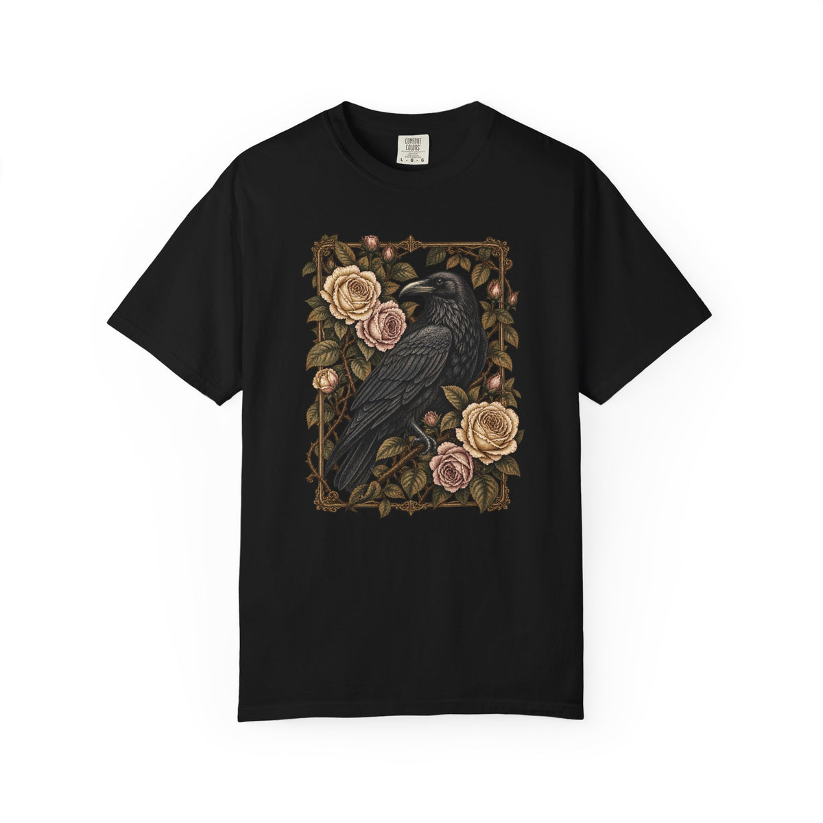 Raven & Roses Graphic T‑Shirt — Gothic Floral Botanical Vintage Tee
