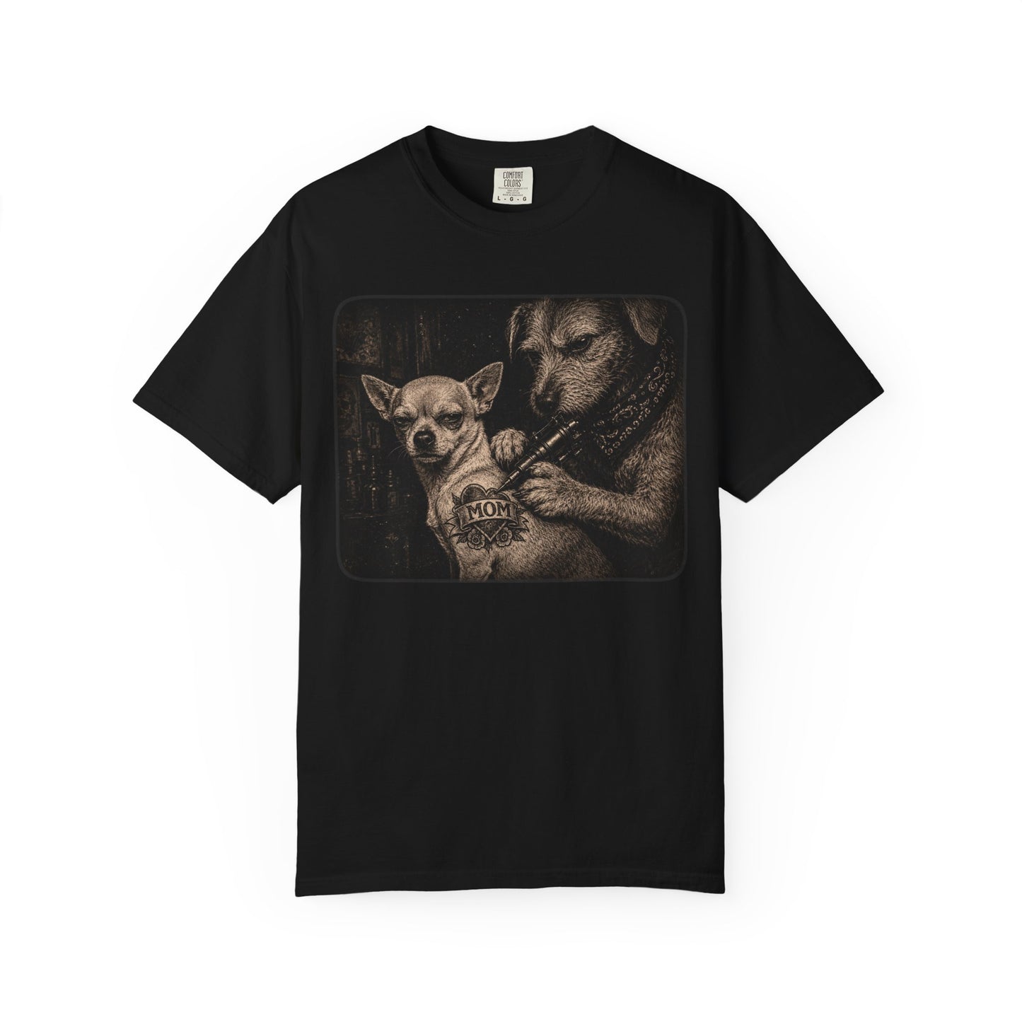 Tattoo Parlor Dogs T-Shirt — 'MOM' Chihuahua Tattoo Night Vibe