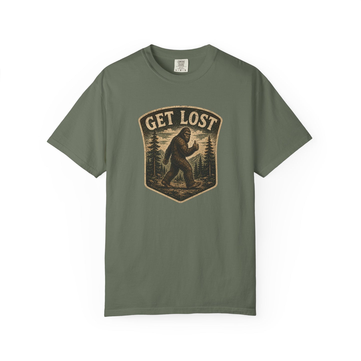GET LOST Bigfoot Vintage Badge T-shirt — Retro Camping & Hiking Tee