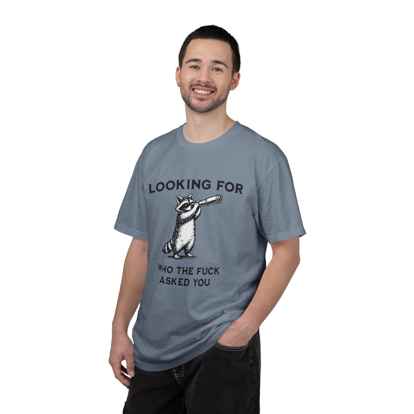 Raccoon Telescope T-Shirt — "Looking for Who the F*** Asked You" Funny Graphic Tee