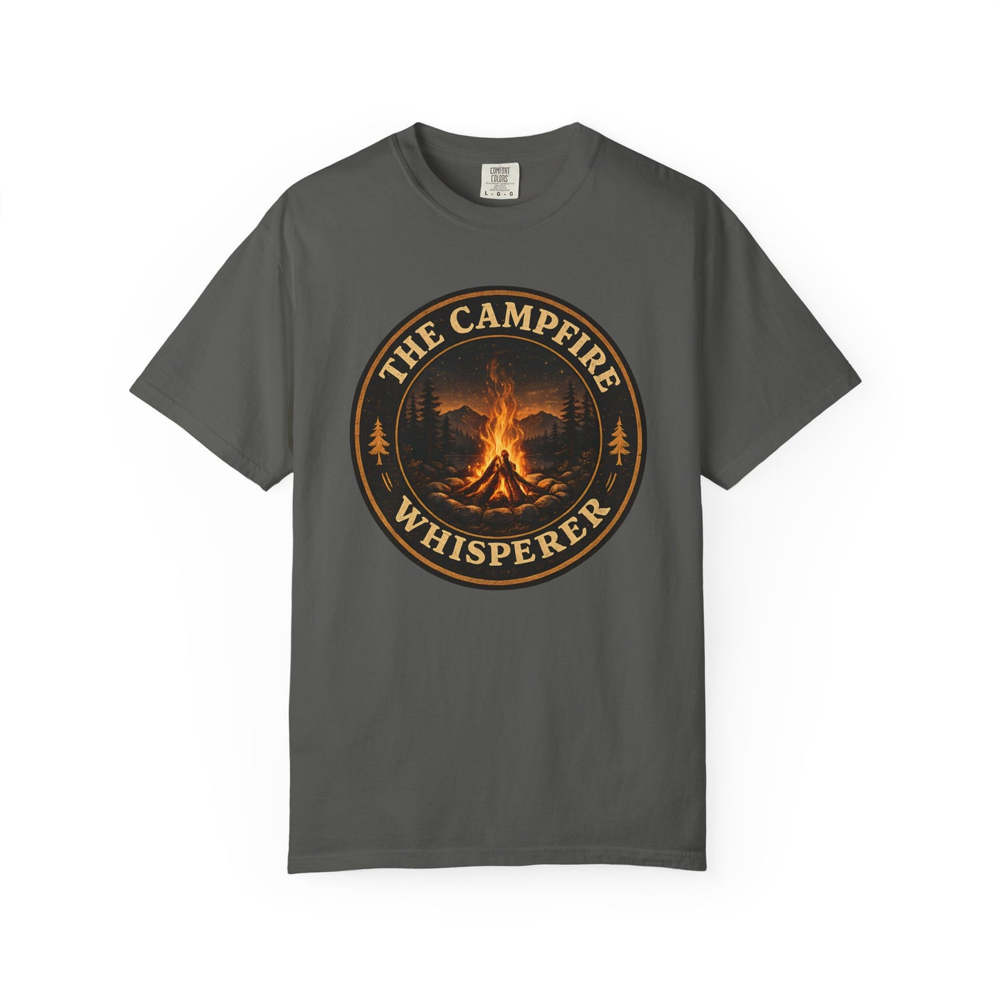 Campfire Whisperer T-Shirt — Retro Outdoor Camping Badge Tee
