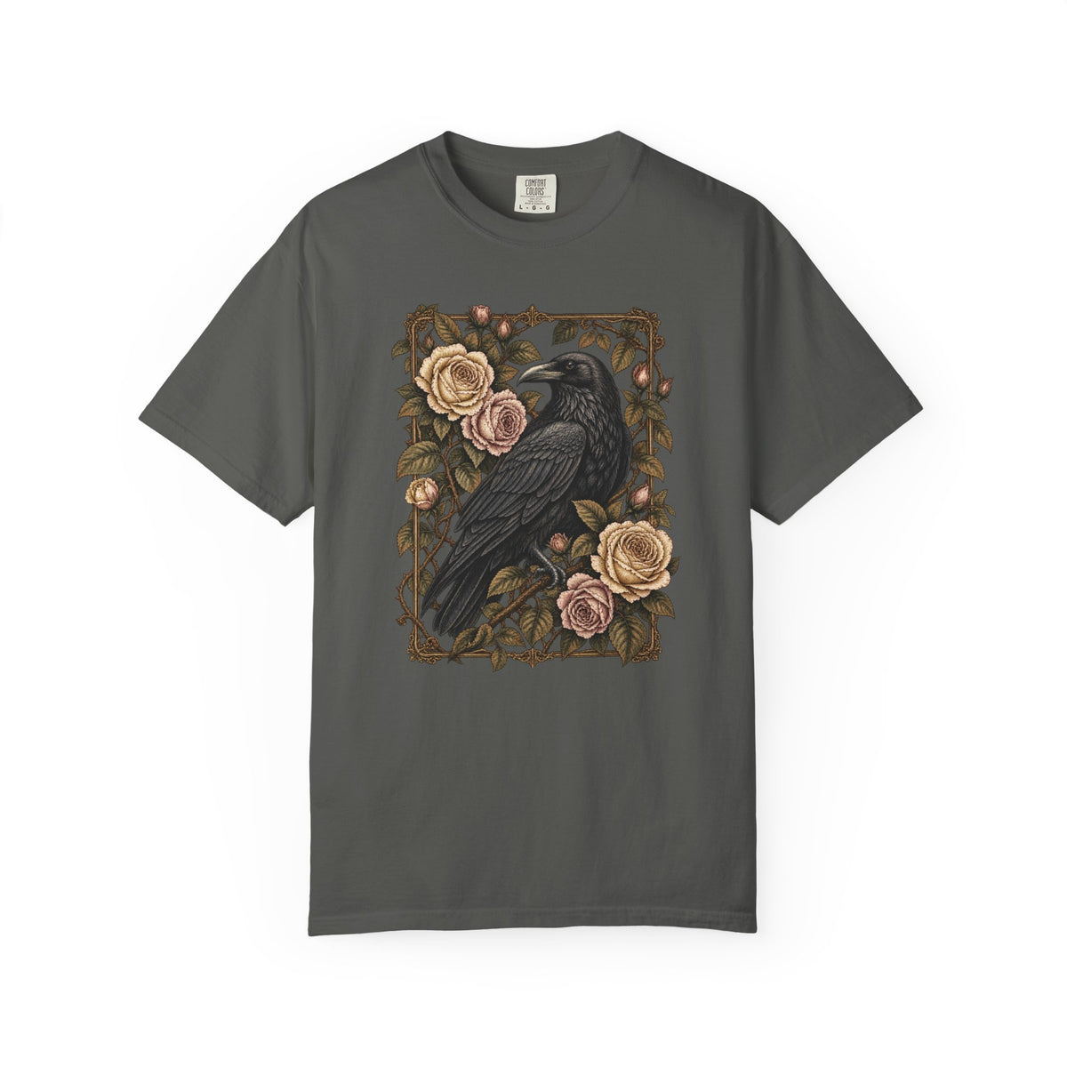 Raven & Roses Graphic T‑Shirt — Gothic Floral Botanical Vintage Tee