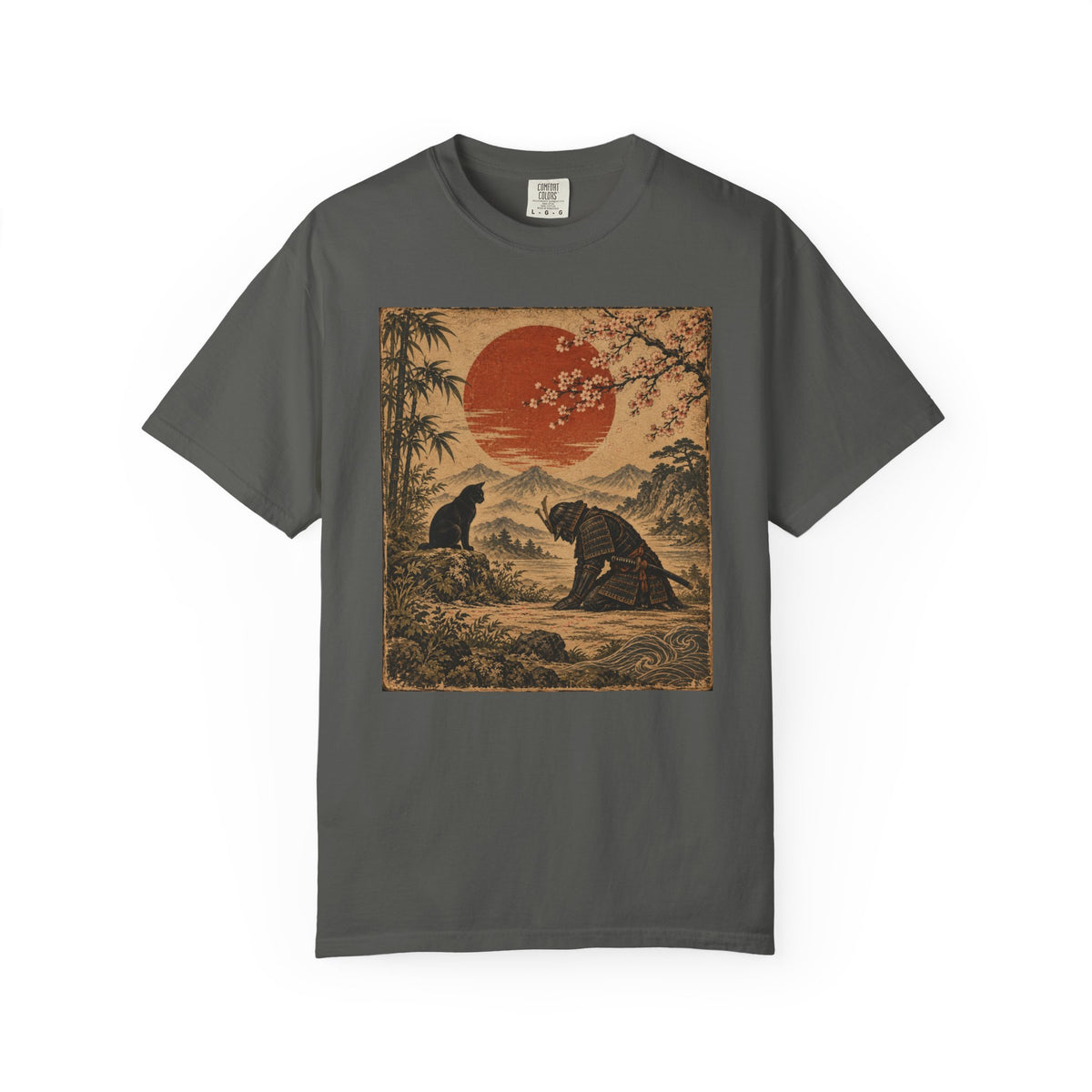 Vintage Japanese-Inspired Samurai & Black Cat Shirt Graphic Tee