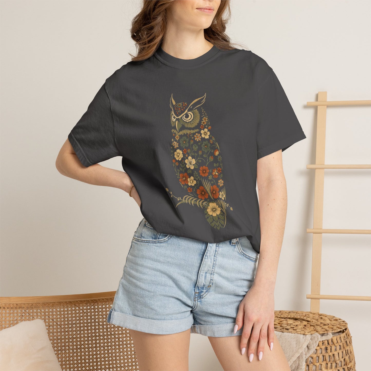 Owl Floral T-Shirt — Vintage Botanical Cottagecore Nature Owl Tee